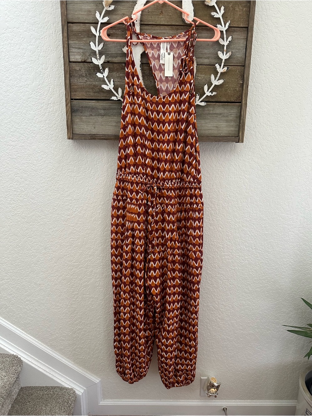 Anthropologie Graham Keegan Women’s Rust Geometric Jumpsuit size L NWT